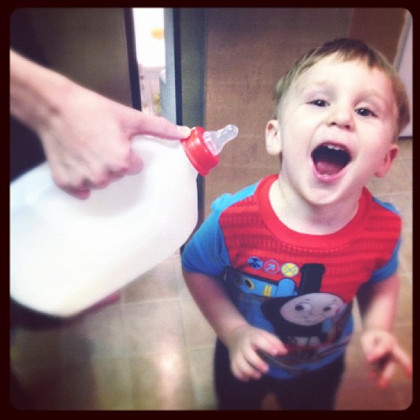 Might as well put a bottle top on the jug. Kid loves milk.