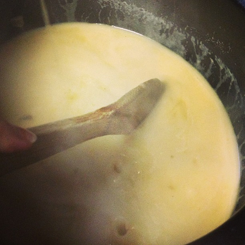 Boiling the masa, slowly pouring in the hot broth...