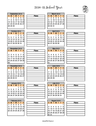 Blank 2014-15 Year at a Glance Schoolyear Calendar