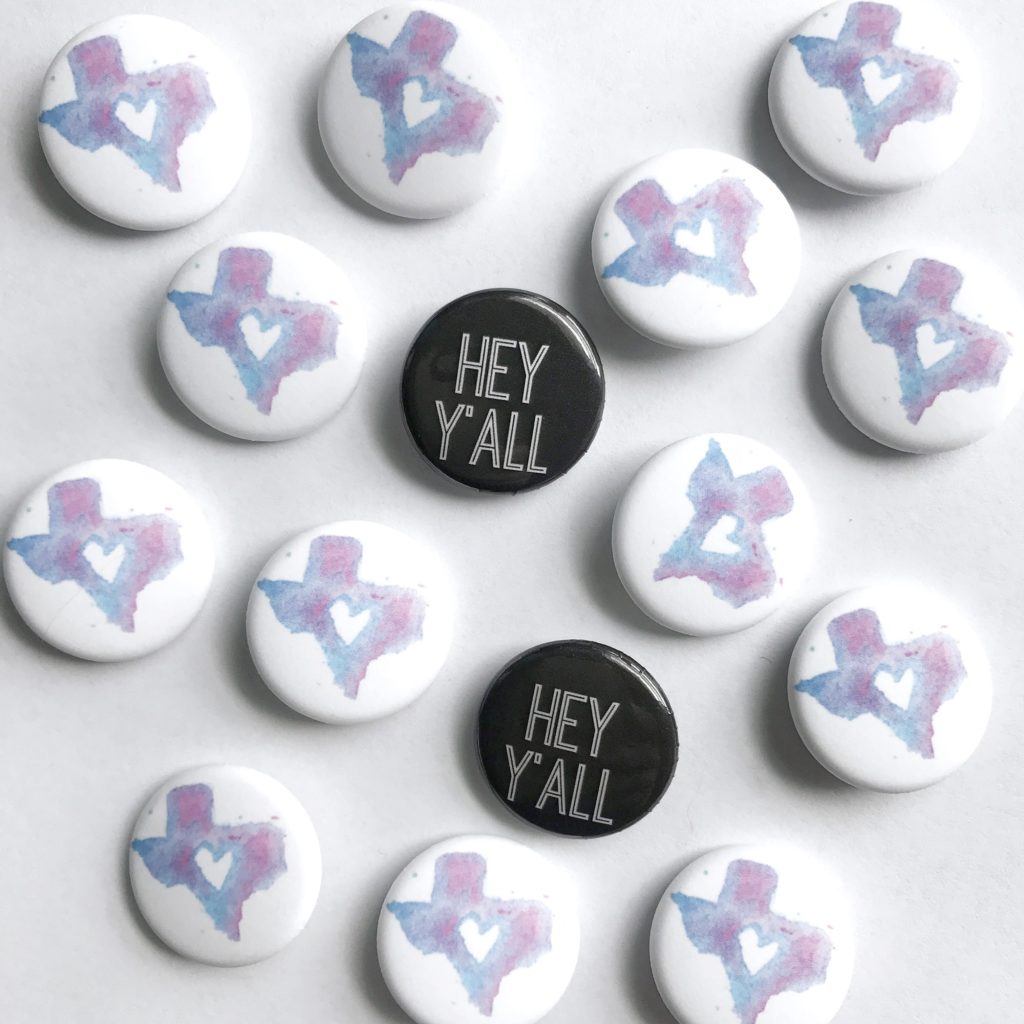 Texas Watercolor Heart & Hey Y'all Button Pins by @Sprittibee